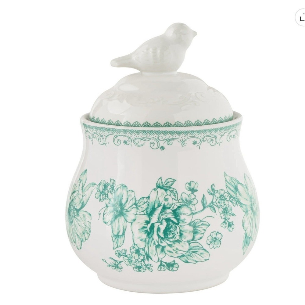 Pioneer Woman Agatha Sugar Bowl w/ Lid Green Stoneware Floral Bird NEW Gift Idea